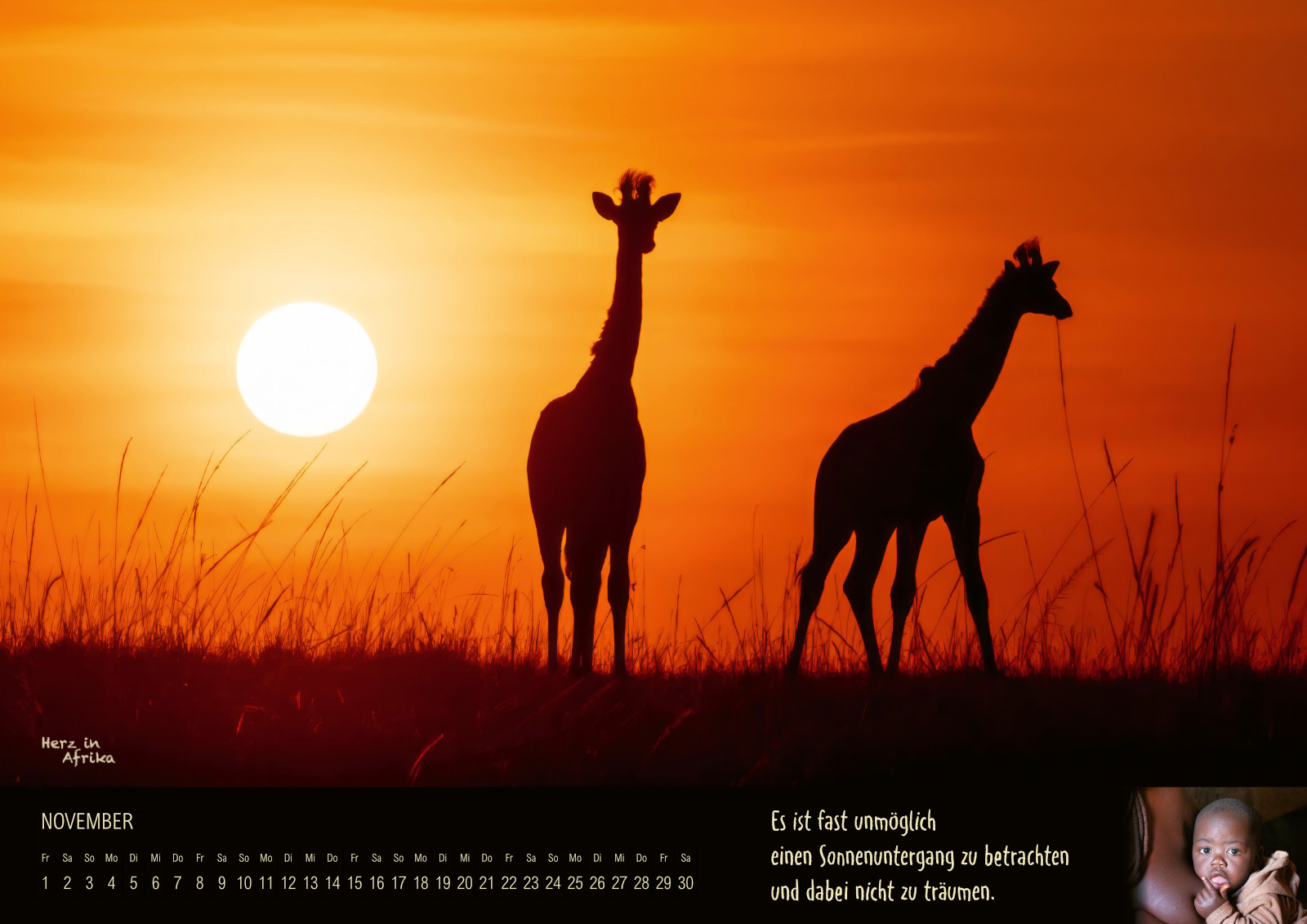 Afrika Wandkalender 2024 Monat November - Giraffen beim Sonnenaufgang in der Masai Mara